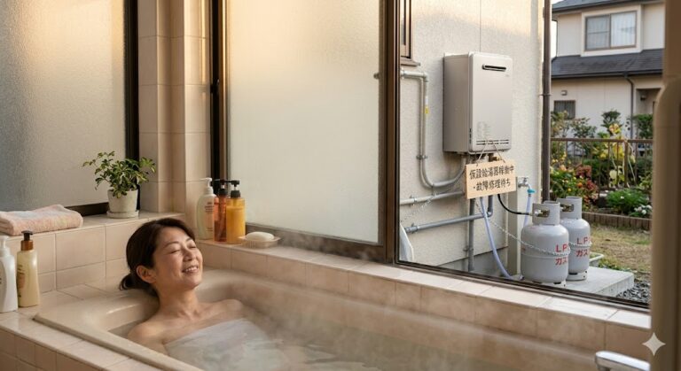 仮設給湯器を利用して安心している画像